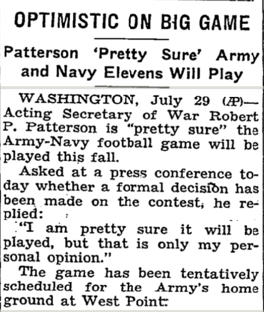 A newspaper clip detailing the future of the Army-Navy game in 1943