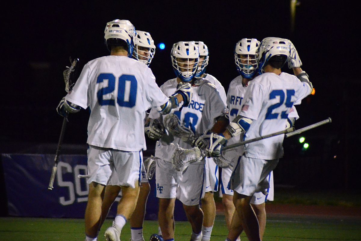 Air Force players celebrate after scoring against Richmond on Thursday, May 2, 2025 in High Point, N.C. at the SoCon Championships.