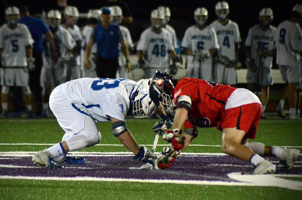 Air Force’s Trent Harper battles at the face-off X with Richmond on May 2, 2025 in High Point, N.C. at the SoCon Championships.